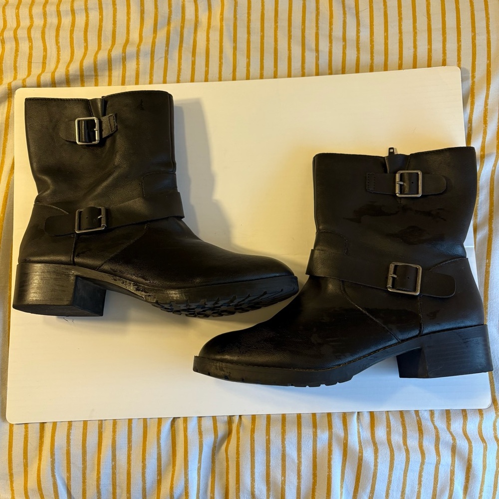 Women's Black Buckle Moto Ankle Boots – Size 9.5